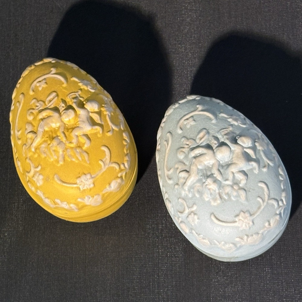 Vintage Style Ceramic Jasperware Egg Trinket Boxes Cherub Relief Blue Yellow 2pc